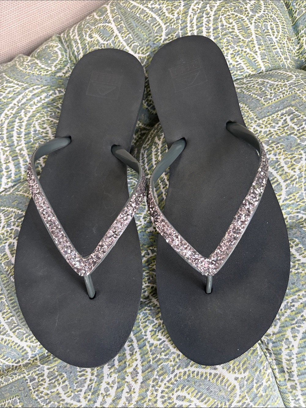 Reef Black Flip Flops with Silver Glitter Straps